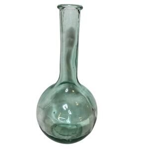 Hand Blown Aqua Glass Bottle Vase Applied Lip Bubbles Rustic Decor 14”